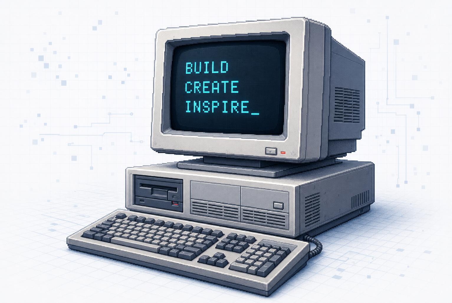 A pixel-art vintage computer displaying Build, Create, Inspire