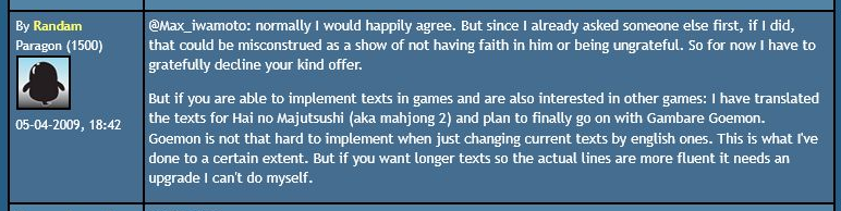 Randam’s 2009 MSX.org post explaining that fluent English text required an upgrade to the game